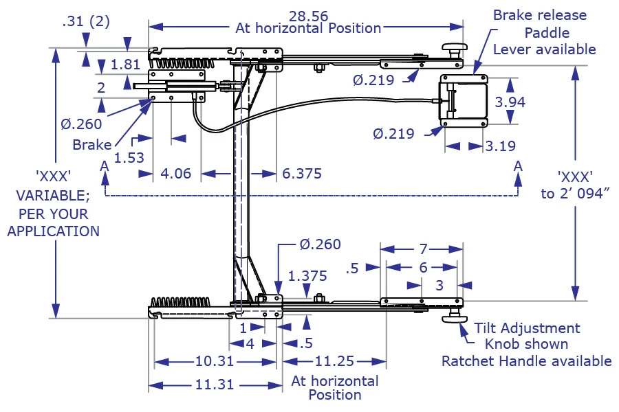 IS-PM sit-stand keyboard tray specification drawing top view with measurements