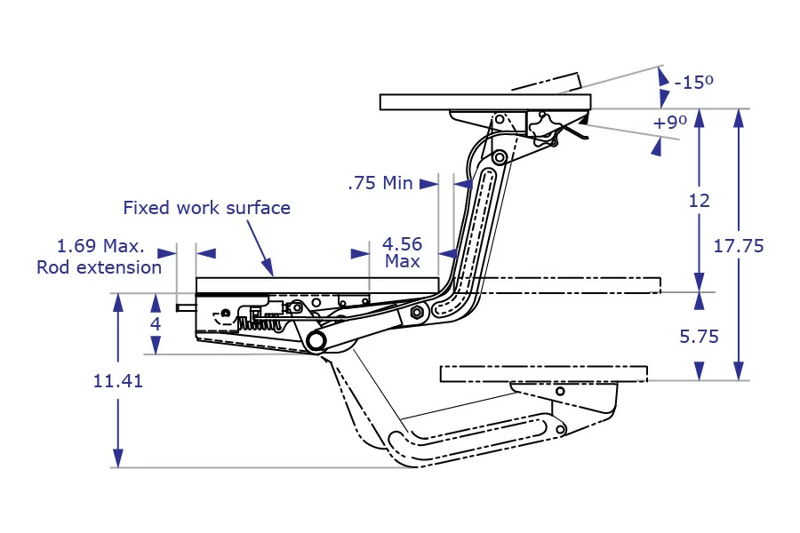 IS-PM sit-stand keyboard tray specification drawing side view at lowest and highest positions with measurements