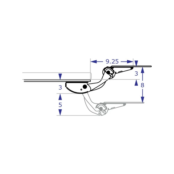 IS-SSC-KIT ergonomic keyboard tray specification drawing showing a side view of tray height adjustment with measurements