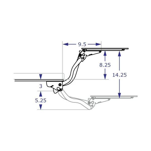 IS-SSW-KIT ergonomic keyboard tray specification drawing showing a side view of tray height adjustment with measurements