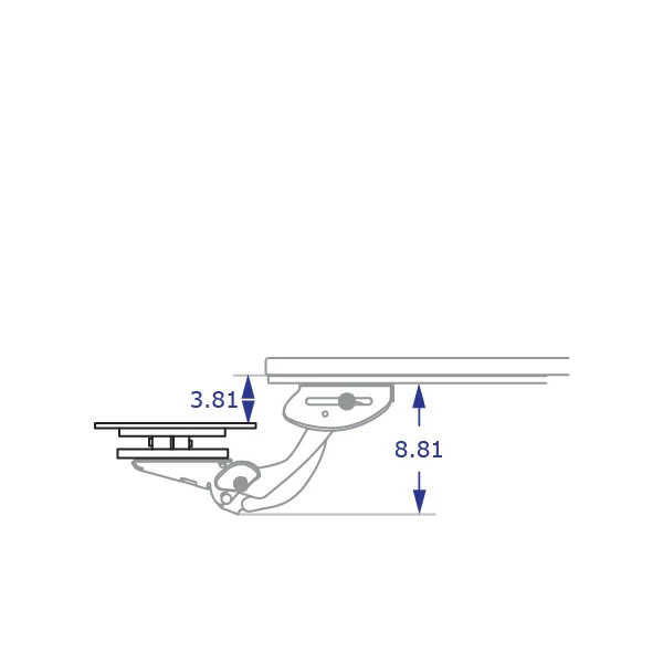 QUICKLIFT sit-stand keyboard tray with IS-LS specification drawing in lowest position with measurements
