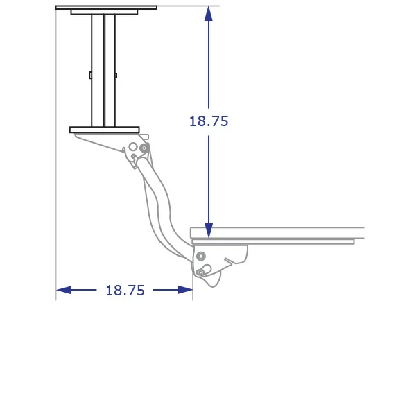 QUICKLIFT sit-stand keyboard tray with IS-SSW specification drawing in highest position with height measurement