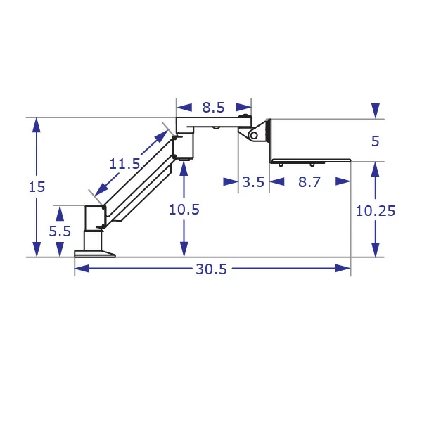 TRS7000AKP keyboard tray arm system specification drawing side view highest position with measurements