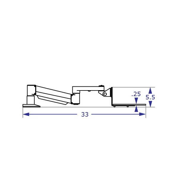 TRS7000AKP keyboard tray arm system specification drawing side view lowered flush with mounting surface with measurements