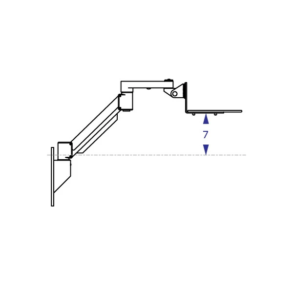 TRS7000AKP keyboard tray arm system wall-mounted specification drawing side view highest position with measurements
