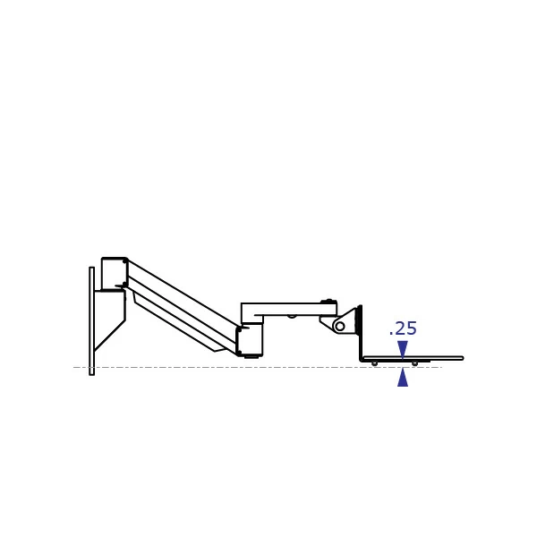 TRS7000AKP keyboard tray arm system wall-mounted specification drawing side view lowest position with measurements