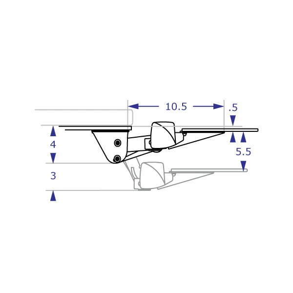 WR-P2 adjustable under desk keyboard tray specification drawing showing a side view of tray height adjustment with measurements