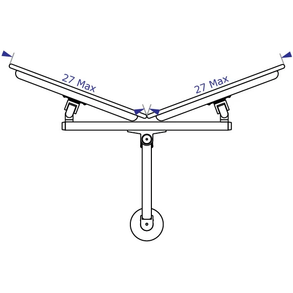 CMD2018 Specification drawing of top view of dual monitor beam used with this arm showing maximum side by side monitor size when beam is curved