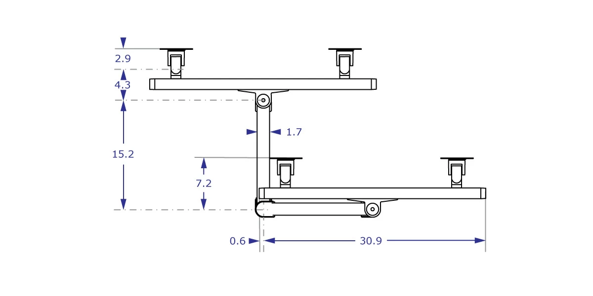 CMD2018 Specification drawing top view of dual monitor arm shows folded and extended arm