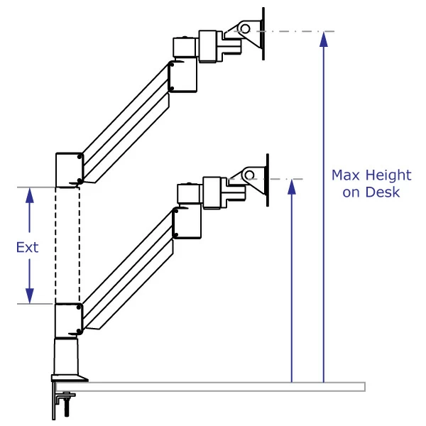 CMD2018 Specification drawing of dual monitor arm shows the difference between a desk clamp with and without a vertical extension in high position