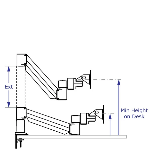 CMD2018 Specification drawing shows the difference between a desk clamp with and without a vertical extension in low position