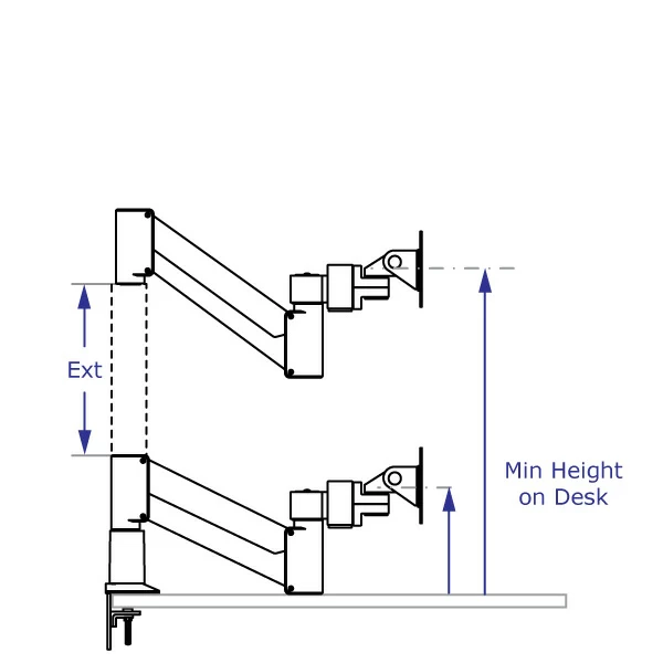 CMD2415 Specification drawing of dual monitor arm with beam shows use of vertical extension with arm lowered