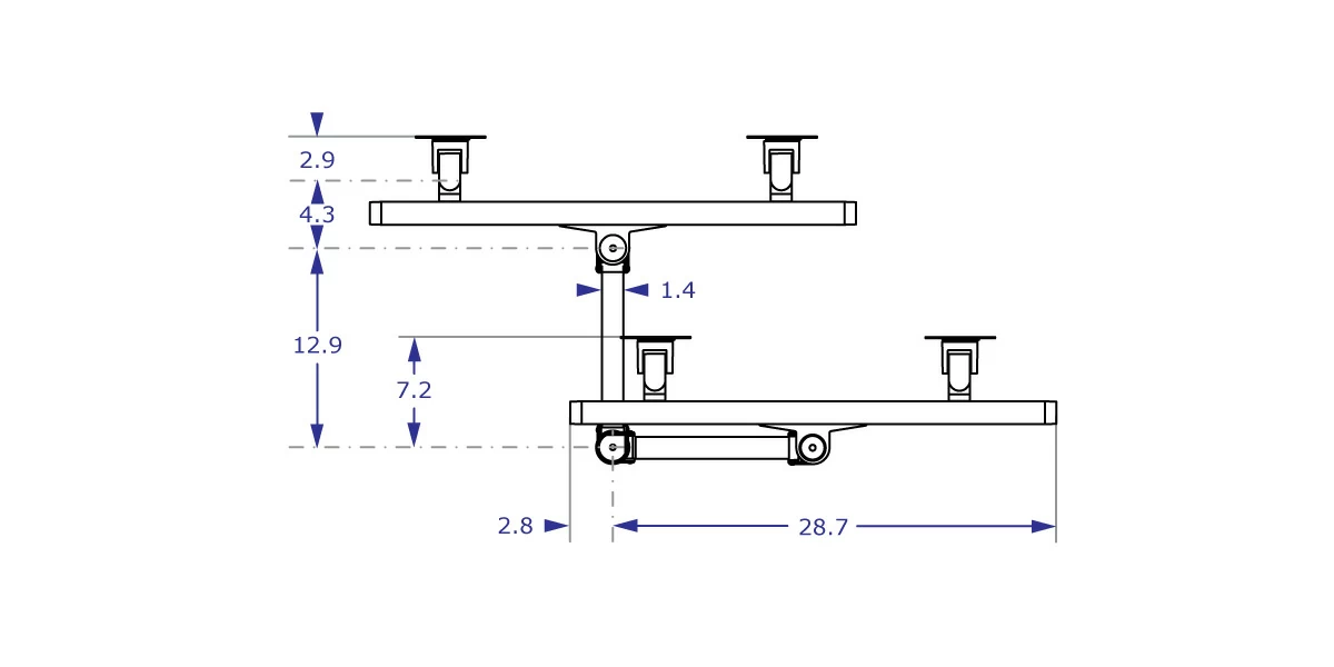 CMD2415 Specification drawing of dual monitor arm from top view showing extended and collapsed dimensions