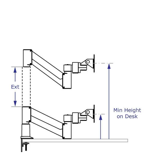 CMT2415 Specification drawing of dual monitor arm with beam shows use of vertical extension with arm lowered