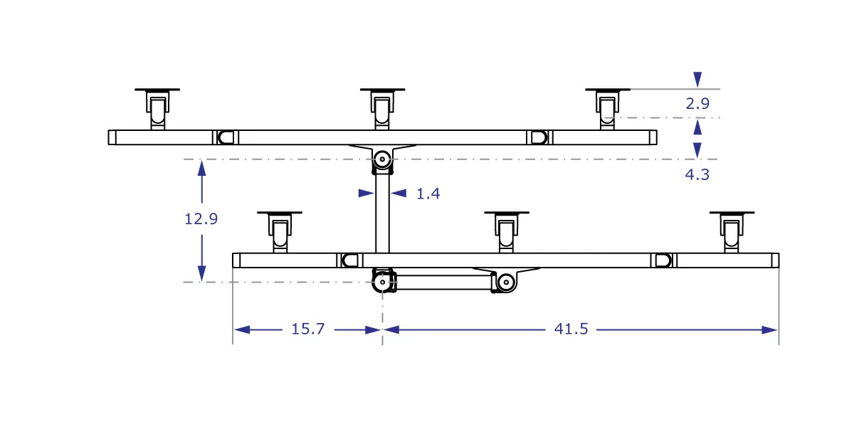 CMT2415 Specification drawing of triple monitor arm from top view showing extended and collapsed dimensions