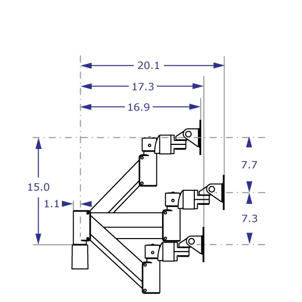 CMT2415 Specification drawing of dual monitor arm with beam in three positions on wall mount