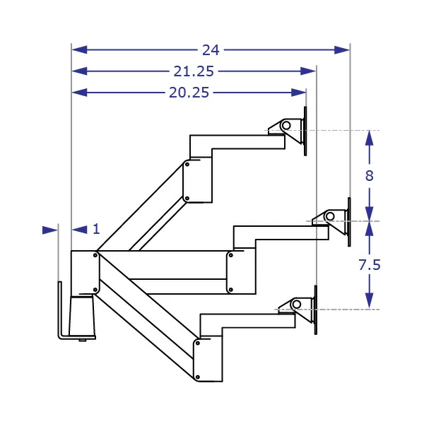 IMAC-SAA2415 Apple monitor arm specification drawing demonstrating the arm extended in high, mid and low positions with measurements