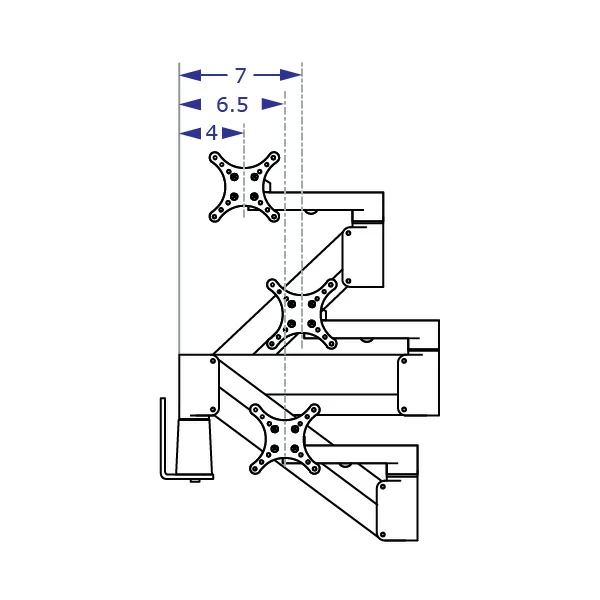 IMAC-SAA2415 Apple monitor arm specification drawing demonstrating the arm folded in high, mid and low positions with measurements