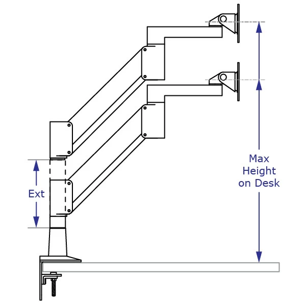 IMAC-SAA2415 Apple monitor arm specification drawing with arm desk-mounted shown with and without an extension in highest position