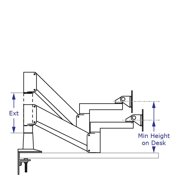 IMAC-SAA2415 Apple monitor arm specification drawing with arm desk-mounted shown with and without an extension in lowest position