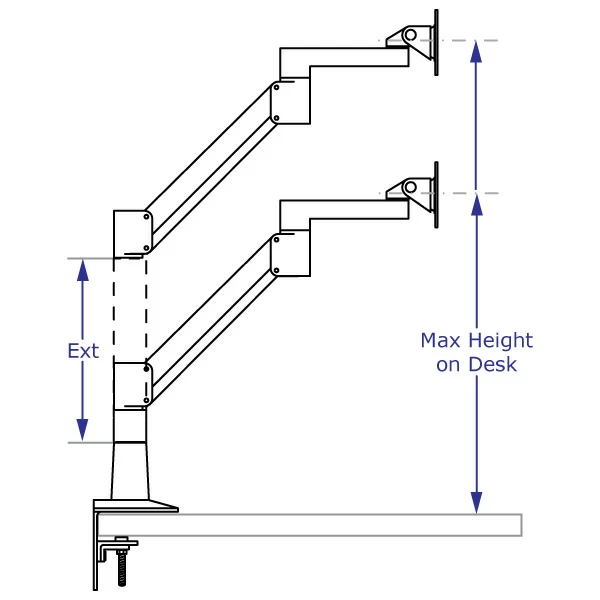 IMAC-SAA7000 Apple monitor arm specification drawing with arm desk-mounted shown with and without an extension in highest position