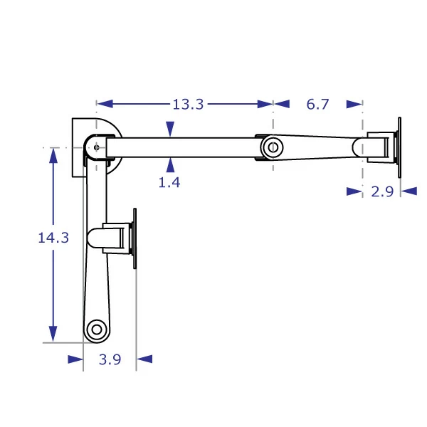 IMAC-SAA7000 Apple monitor arm specification drawing top view showing the arm in fully extended and folded positions with measurements
