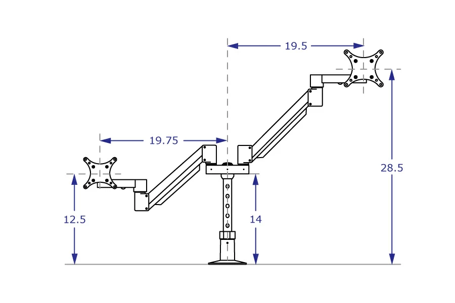 SA2A Specification drawing from front illustrates left arm lowered and right arm raised with shared yoke at highest position