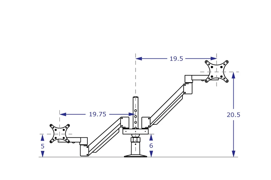 SA2A Specification drawing from front illustrates left arm lowered and right arm raised with shared yoke at lowest position