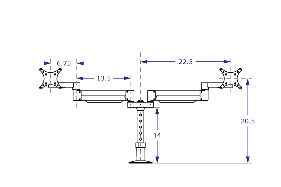 SA2A Specification drawing from front illustrates arm wide apart at horizontal position yoke at pole top with monitor arms outstretched
