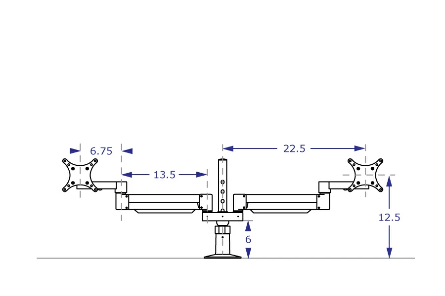 SA2A Specification drawing from front illustrates arm wide apart at horizontal position with titler mechanisms facing forward