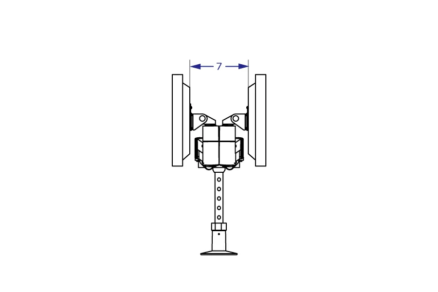 SA2A Specification drawing from front illustrates side view of dual arms collapsed tightly in a back to back orientation