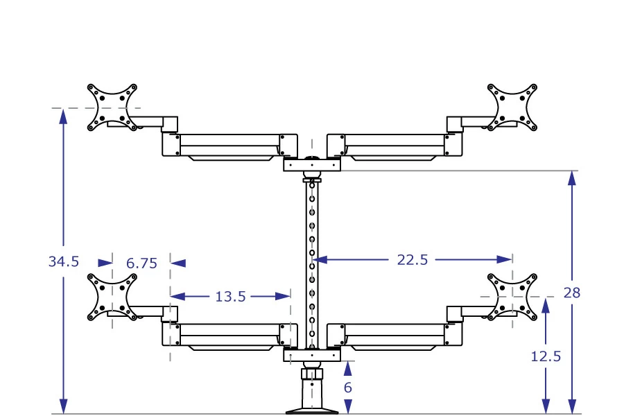 SA4A Specification drawing from front illustrates all four monitor arms in a horizontal position to their maximal extension
