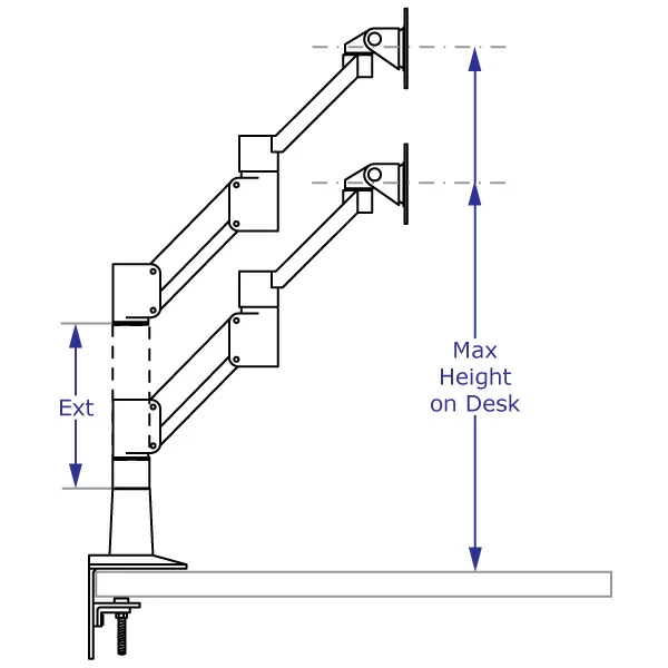 SAA179 compact monitor arm specification drawing with arm desk-mounted shown with and without an extension in highest position