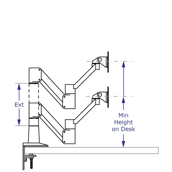 SAA179 compact monitor arm specification drawing with arm desk-mounted shown with and without an extension in lowest position
