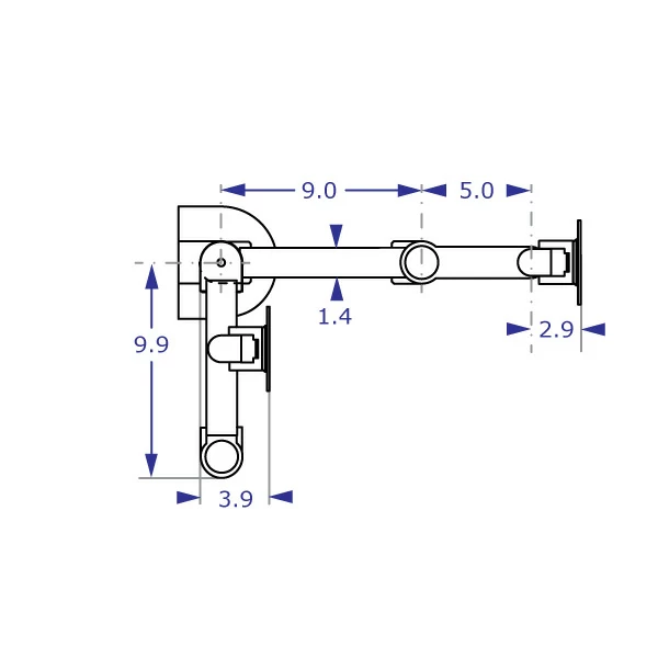 SAA179 compact monitor arm specification drawing top view showing the arm in fully extended and folded positions with measurements