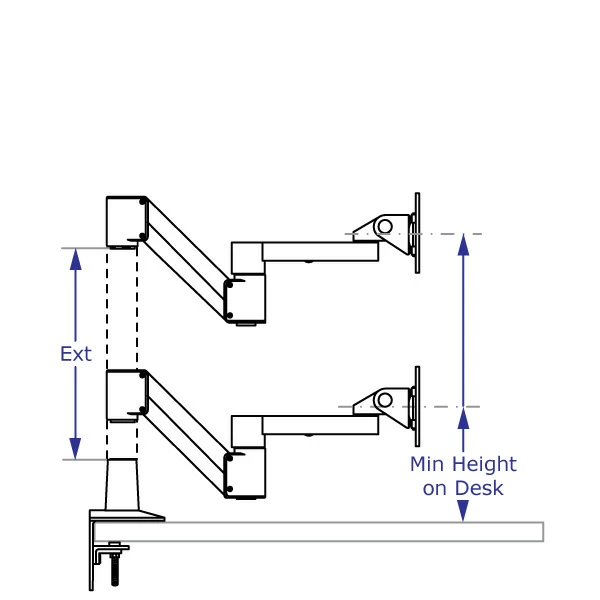 SAA2010KIT compact monitor arm specification drawing with arm desk-mounted shown with and without an extension in lowest position