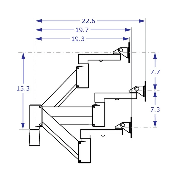 SAA2415 monitor arm specification drawing demonstrating the arm extended in high, mid and low positions with measurements