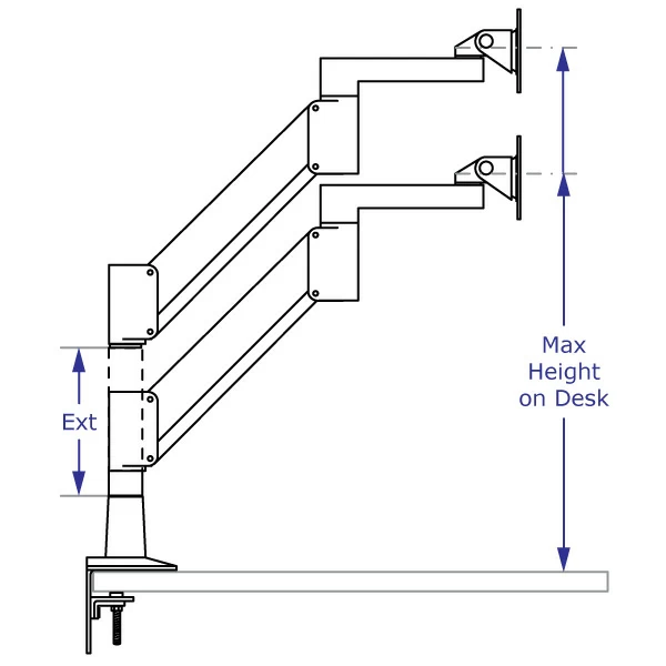 SAA2415 monitor arm specification drawing with arm desk-mounted shown with and without an extension in highest position
