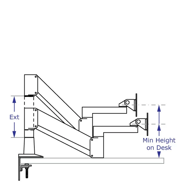 SAA2415 monitor arm specification drawing with arm desk-mounted shown with and without an extension in lowest position