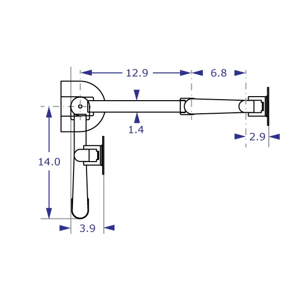 SAA2415 monitor arm specification drawing top view showing the arm in fully extended and folded positions with measurements