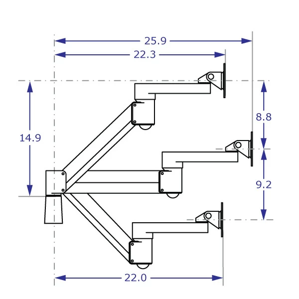 SAA2718KIT heavy-duty monitor arm specification drawing demonstrating the arm extended in high, mid and low positions with measurements