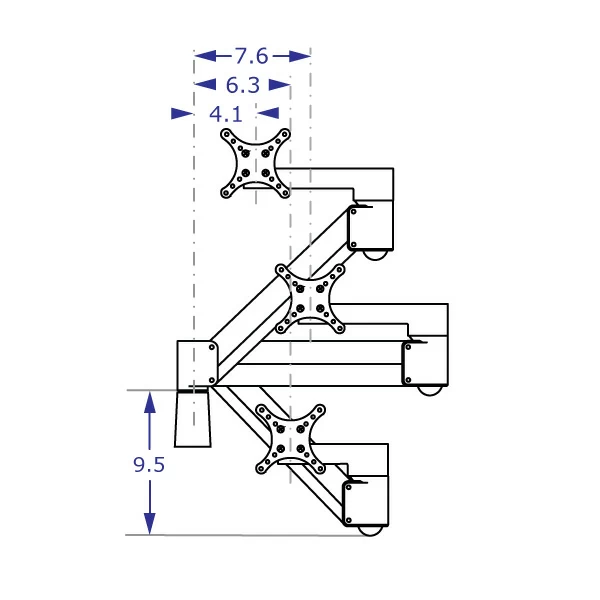 SAA2718KIT heavy-duty monitor arm specification drawing demonstrating the arm folded in high, mid and low positions with measurements