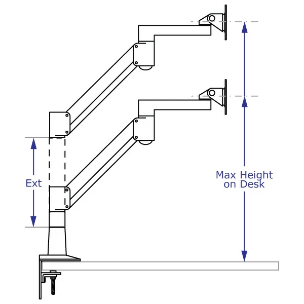 SAA2718KIT heavy-duty monitor arm specification drawing with arm desk-mounted shown with and without an extension in highest position