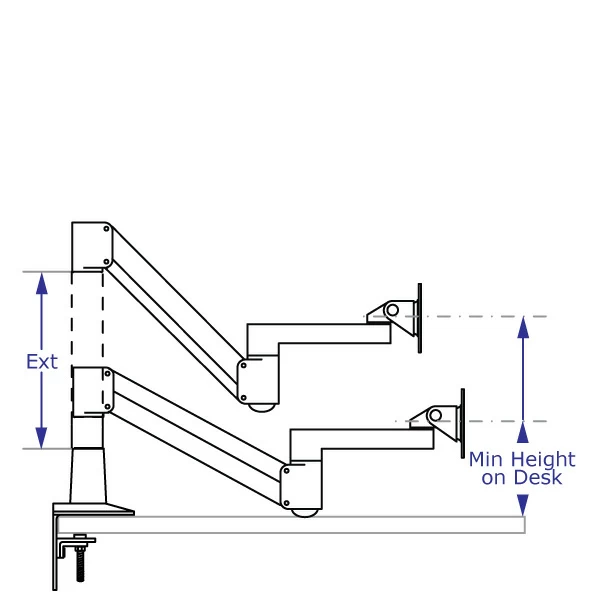 SAA2718KIT heavy-duty monitor arm specification drawing with arm desk-mounted shown with and without an extension in lowest position