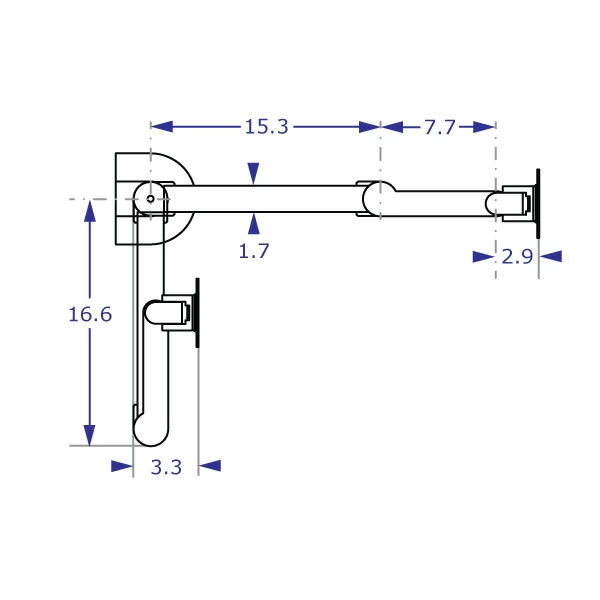 SAA2718KIT heavy-duty monitor arm specification drawing top view showing the arm in fully extended and folded positions with measurements