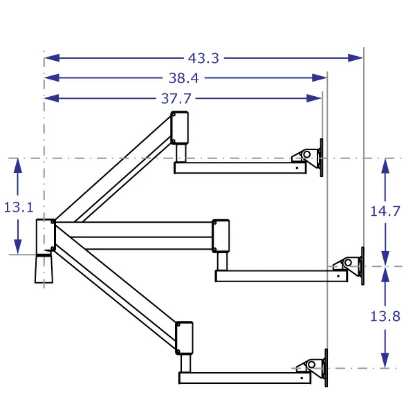 SAA4229RKIT long-reach tablet arm specification drawing demonstrating the arm extended in high, mid and low positions with measurements