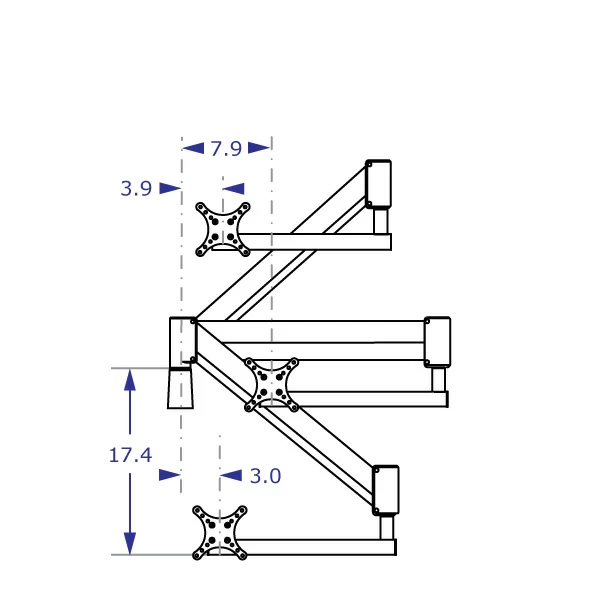 SAA4229RKIT long-reach tablet arm specification drawing demonstrating the arm folded in high, mid and low positions with measurements