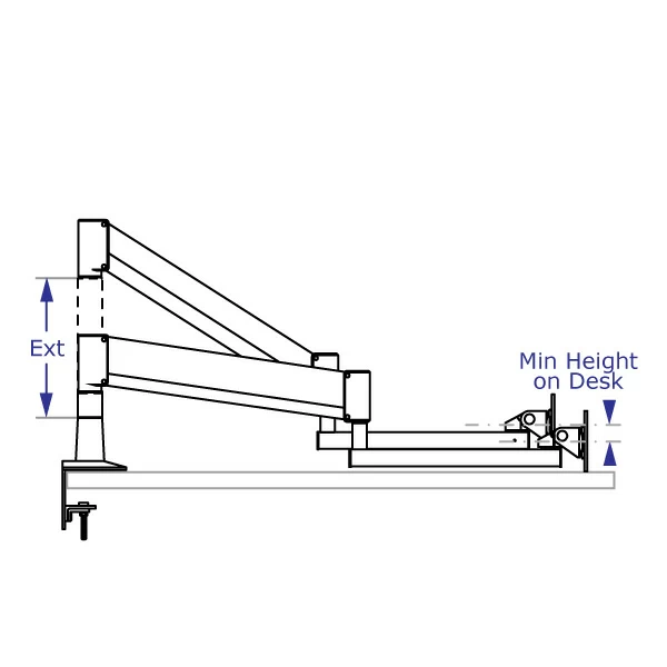 SAA4229RKIT long-reach tablet arm specification drawing with arm desk-mounted shown with and without an extension in lowest position