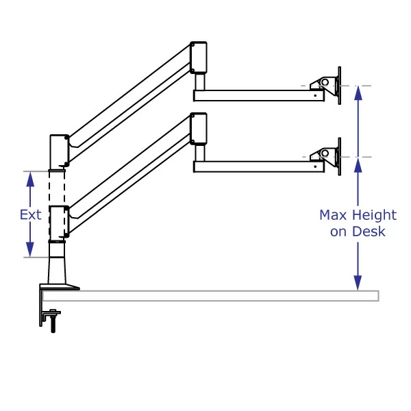 SAA4229RKIT long-reach tablet arm specification drawing with arm desk-mounted shown with and without an extension in highest position
