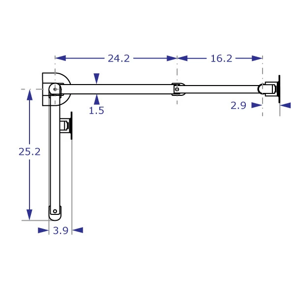 SAA4229RKIT long-reach tablet arm specification drawing top view showing the arm in fully extended and folded positions with measurements